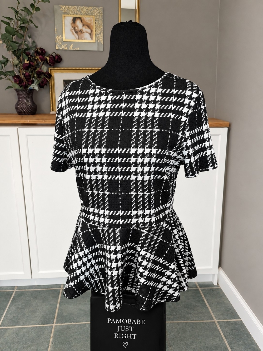 SHEIN Black & White Plaid Peplum Tunic